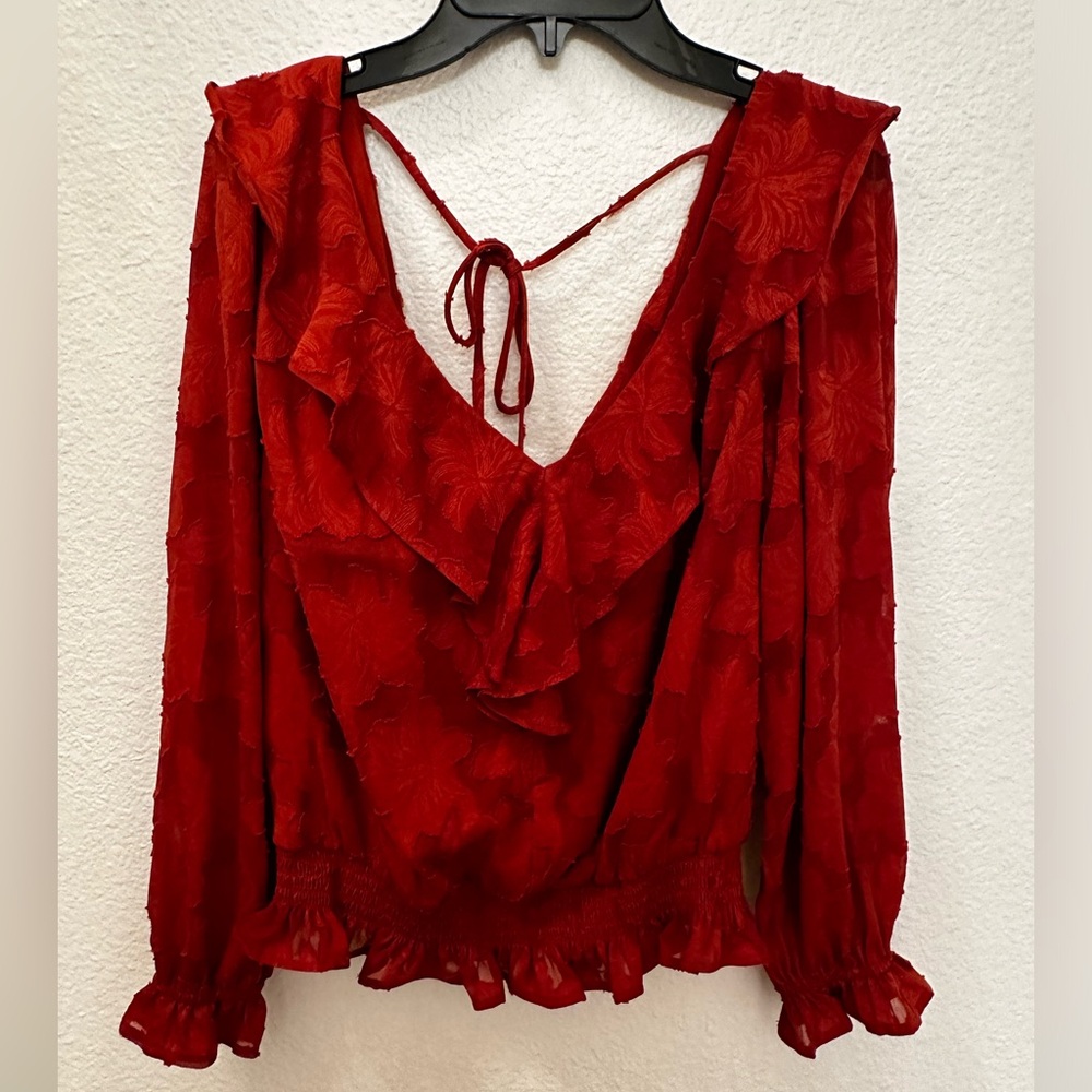 By Anthropologie Rust, ruffle top with floral detailing, size XS